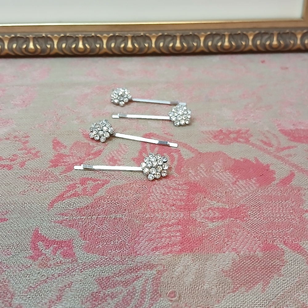 Vintage Rhinestone Silver Floral Hair Pins Bobby Pins